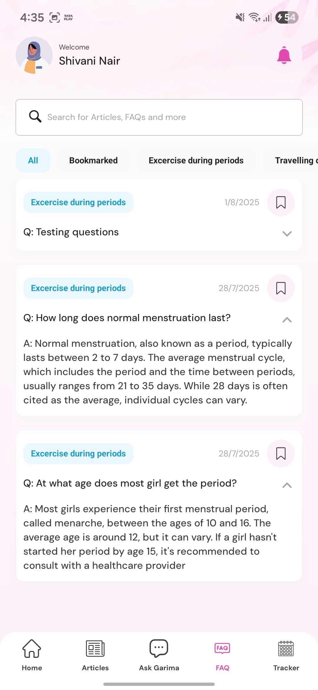 Garima – Period Health & Wellness App screenshot 5 - Application interface showing key features and user experience